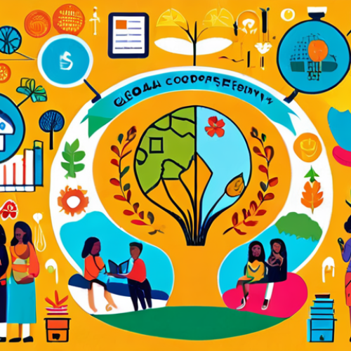 Home 7 **Global Cooperative Economy**: Create an illustration of diverse individuals and organizations collaborating in a vibrant community setting. Show people sharing resources, knowledge, and experiences, with symbols representing sustainability and economic growth in the background.