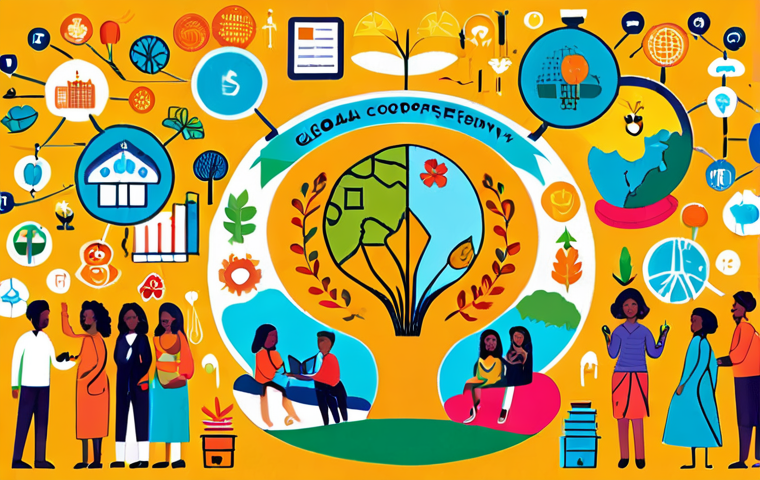 **Global Cooperative Economy**: Create an illustration of diverse individuals and organizations collaborating in a vibrant community setting. Show people sharing resources, knowledge, and experiences, with symbols representing sustainability and economic growth in the background.