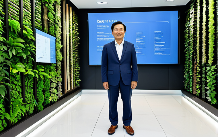 A visionary Vietnamese business leader in a modest, professionally tailored business suit, standing in a bright, modern sustainability innovation center in Ho Chi Minh City, with sleek, clean industrial design elements. In the background, subtle visual cues of circular economy are visible, such as recycled material displays, interactive screens showing resource flow diagrams, and a lush indoor vertical garden. The overall atmosphere is forward-thinking and committed to environmental stewardship. Perfect anatomy, correct proportions, natural pose, well-formed hands, proper finger count, natural body proportions, professional studio lighting, high resolution, soft ambient light, safe for work, appropriate content, fully clothed, professional dress, family-friendly.