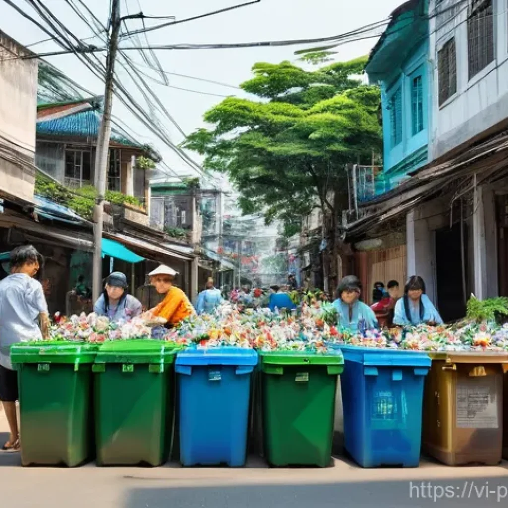 대안경제 모델에서의 자원 분배 원칙 - **Circular Economy in a Vietnamese City:**
"A vibrant, bustling street scene in a modern Vietnam...