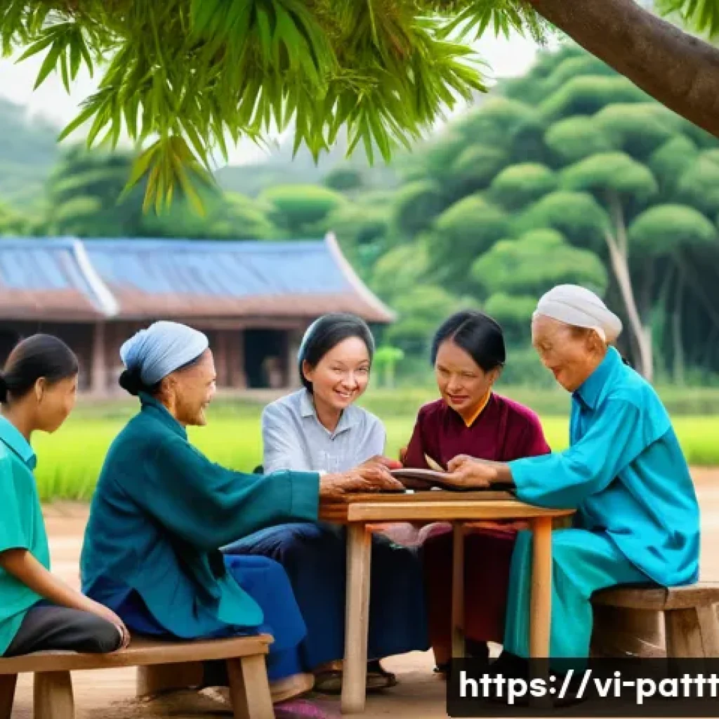 대안경제 모델의 접근성 문제 해결 전략 - **Prompt:** A vibrant scene in a rural Vietnamese village. Elderly Vietnamese men and women, along w...