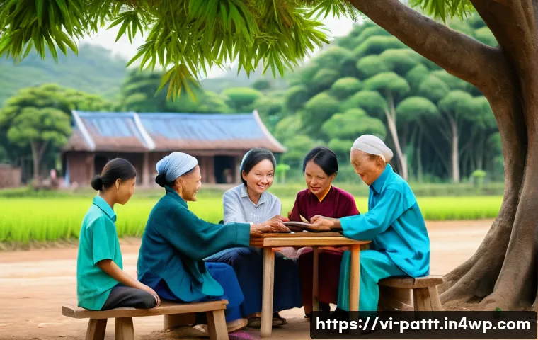 대안경제 모델의 접근성 문제 해결 전략 - **Prompt:** A vibrant scene in a rural Vietnamese village. Elderly Vietnamese men and women, along w...