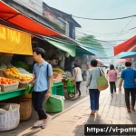 Home 21 대안경제 모델에서의 책임 있는 소비 촉진 방법 - A vibrant Vietnamese local market scene featuring a diverse range of organic and eco-friendly produc...