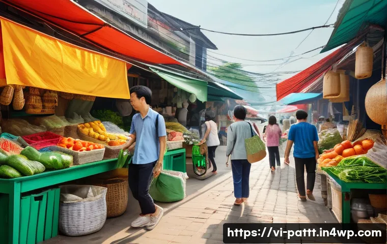 대안경제 모델에서의 책임 있는 소비 촉진 방법 - A vibrant Vietnamese local market scene featuring a diverse range of organic and eco-friendly produc...