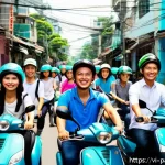 Home 18 대안경제 모델과 사회적 변화의 관계 - A vibrant street scene in Ho Chi Minh City showcasing a diverse group of Vietnamese people using rid...