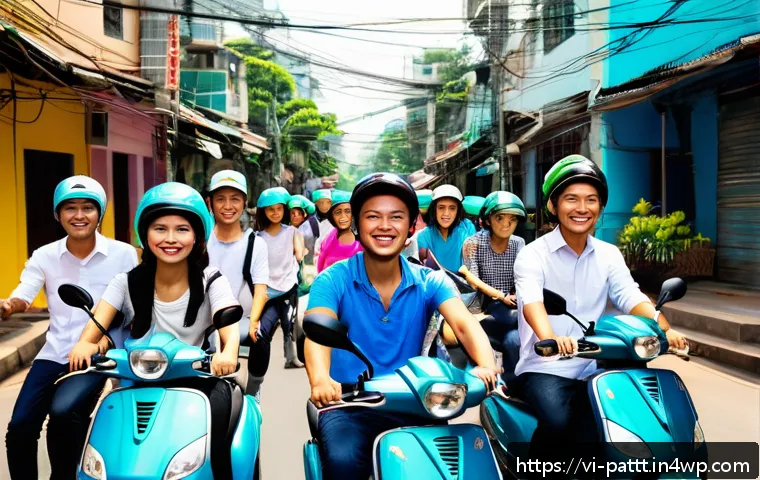 대안경제 모델과 사회적 변화의 관계 - A vibrant street scene in Ho Chi Minh City showcasing a diverse group of Vietnamese people using rid...