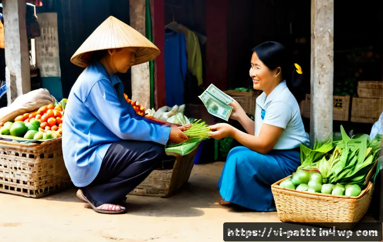 Home 17 대안경제 모델과 지역 경제의 상생 - Photorealistic morning scene in a Vietnamese neighborhood market, a diverse group of local farmers, ...